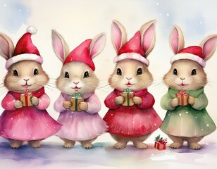 Christmas bunnies with Santa Hat, Pastel Watercolor Pink Dresses, caroling