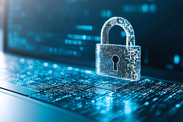 A laptop displaying a digital padlock icon, with lines of encrypted code in the background, symbolizing secure computing and data protection, leaving space for additional branding or text.