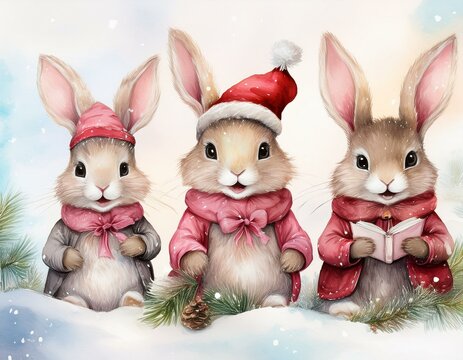 Christmas bunnies with Santa Hat, Pastel Watercolor Pink Dresses, caroling