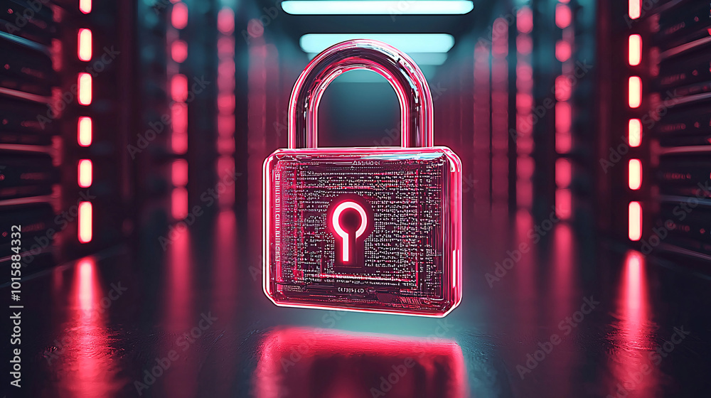 Poster a futuristic digital padlock floats in front of a server room, representing advanced cyber security 
