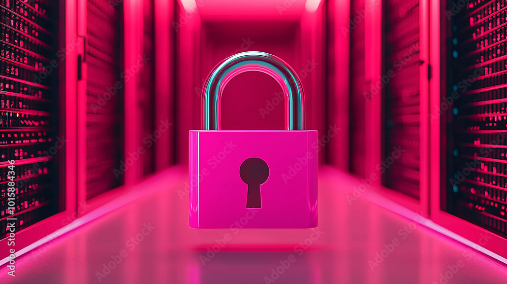 Poster a futuristic digital padlock floats in front of a server room, representing advanced cyber security 