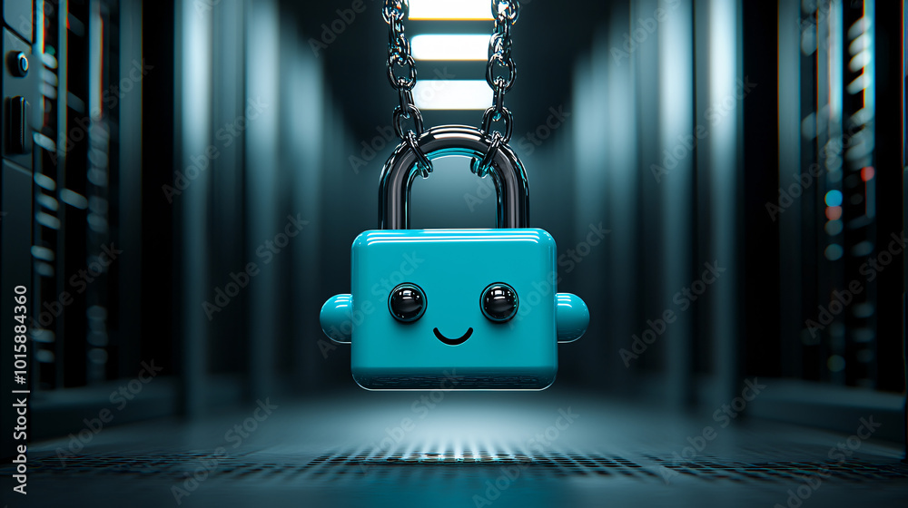 Poster a futuristic digital padlock floats in front of a server room, representing advanced cyber security 