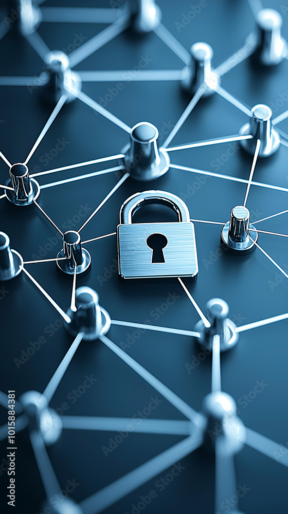 Poster a cyber security-themed image with a digital padlock on a computer screen, surrounded by abstract ne