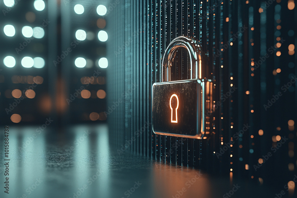 Poster a close-up of a computer screen showing a digital padlock, symbolizing encryption and data protectio