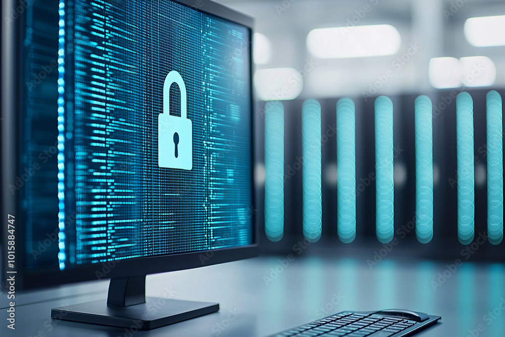 Poster a close-up of a computer screen showing a digital padlock, symbolizing encryption and data protectio