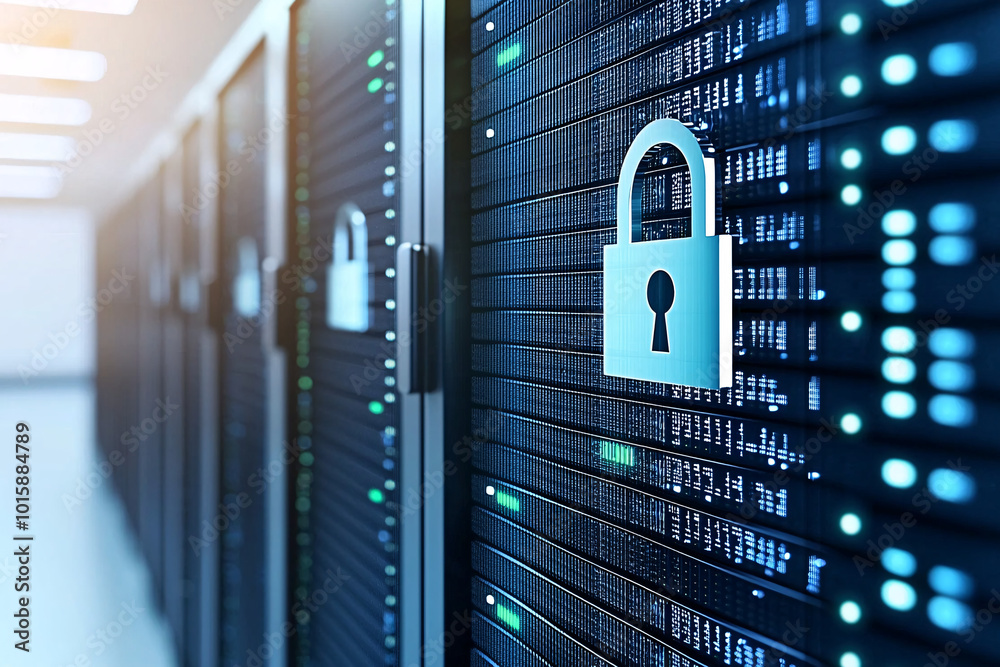 Poster a close-up of a computer screen showing a digital padlock, symbolizing encryption and data protectio