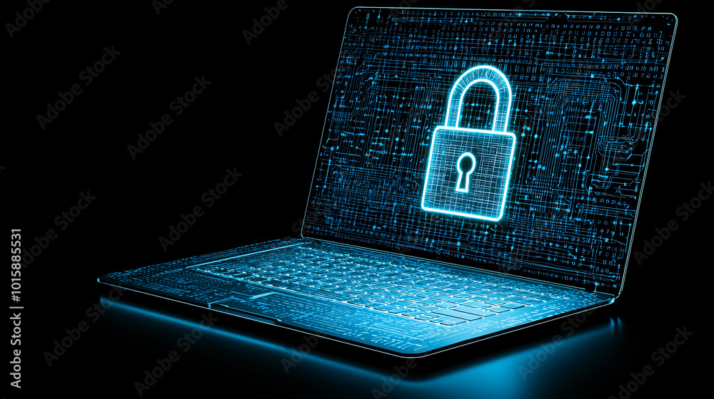 Poster a laptop computer displaying a digital padlock symbol, representing secure data encryption and prote