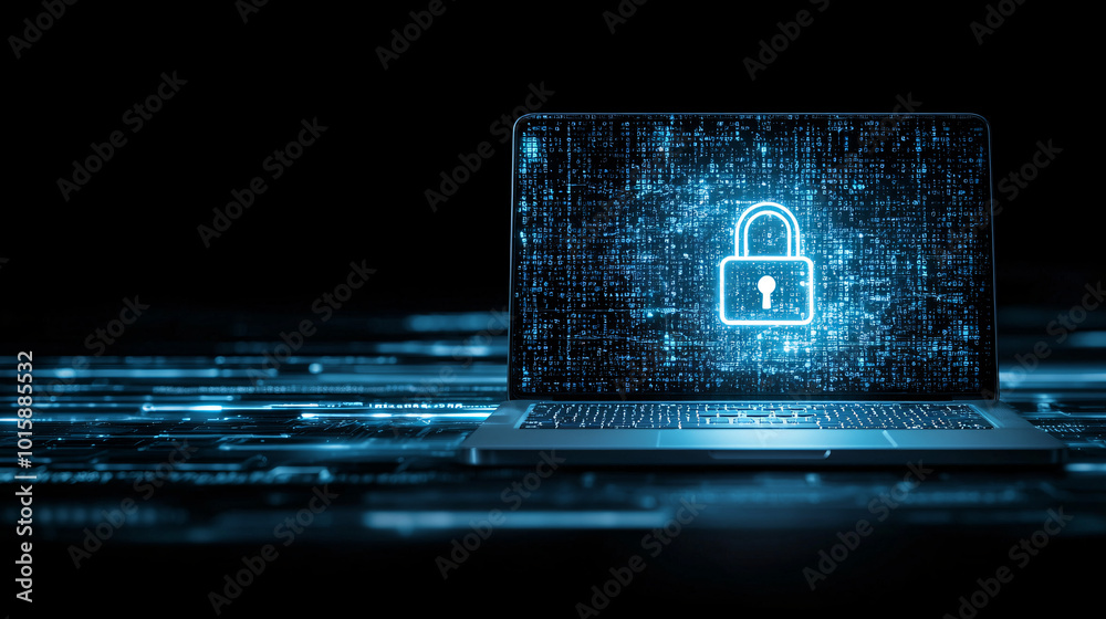Poster a laptop computer displaying a digital padlock symbol, representing secure data encryption and prote