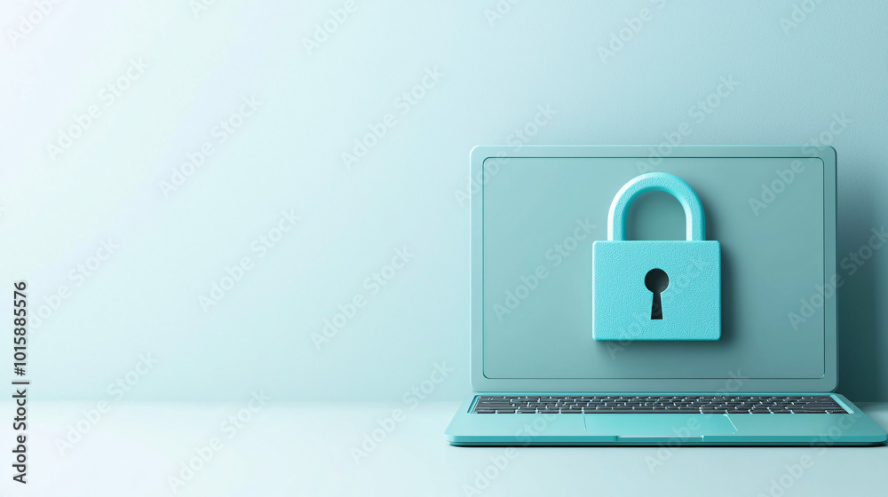 Poster a laptop computer displaying a digital padlock symbol, representing secure data encryption and prote
