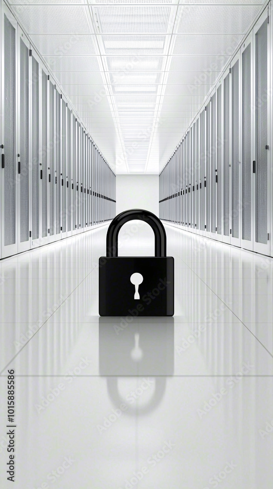 Poster a cyber security image showing a digital padlock in front of a server room, representing protection 
