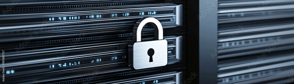 Poster a close-up of a server rack with a floating digital padlock icon, highlighting data protection measu