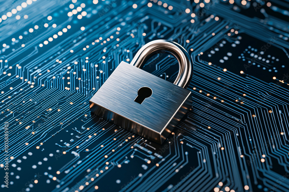 Poster a minimalistic cyber security concept showing a digital padlock on a computer screen, with abstract 