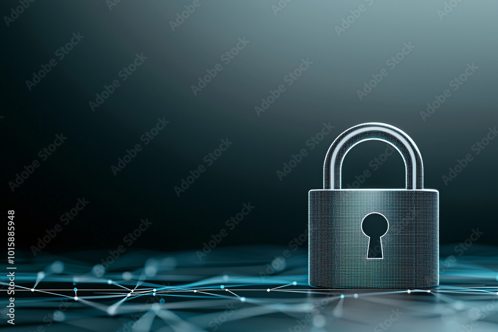 Poster a minimalistic cyber security concept showing a digital padlock on a computer screen, with abstract 