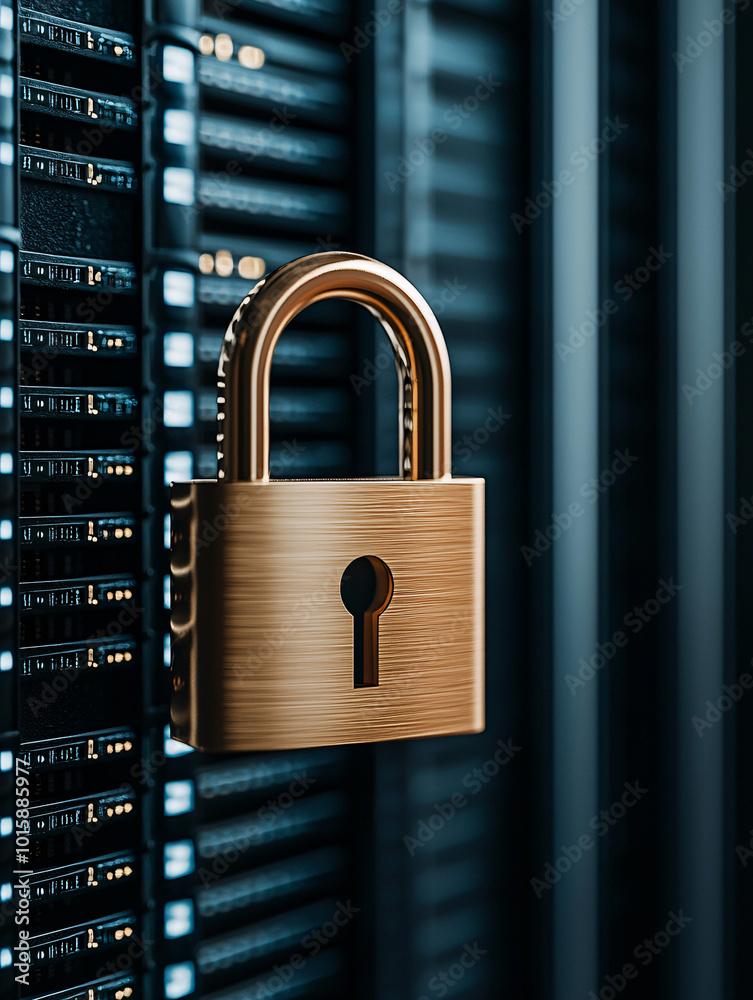 Poster a futuristic digital padlock hovering in front of server equipment, representing data protection and