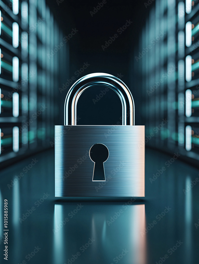 Poster a futuristic digital padlock hovering in front of server equipment, representing data protection and