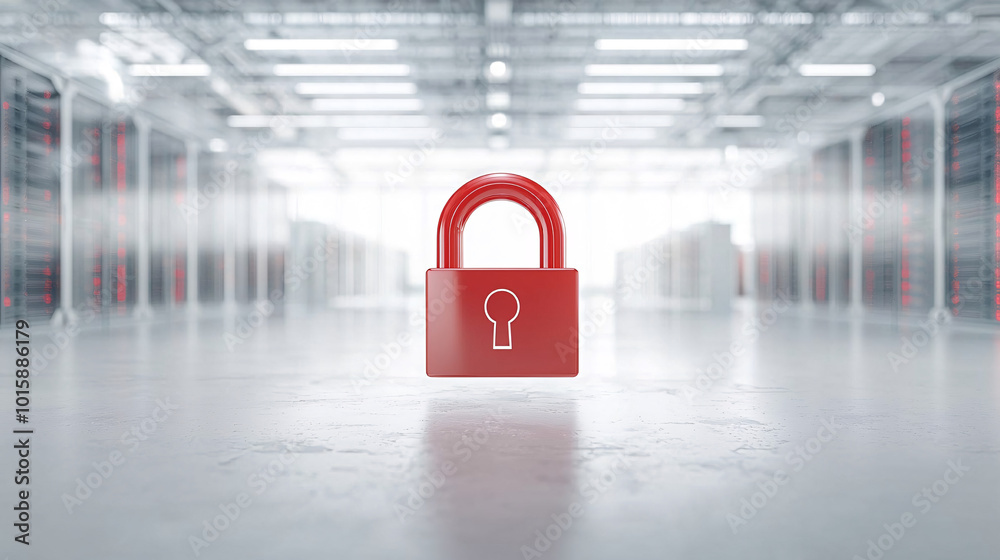 Poster a cyber security concept with a digital padlock floating in front of a modern server room, represent