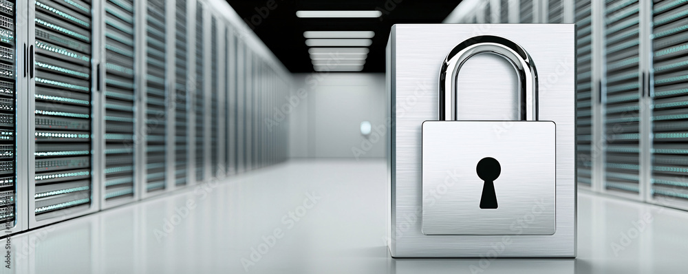 Poster a server room with a floating digital padlock icon in the foreground, representing secure data stora