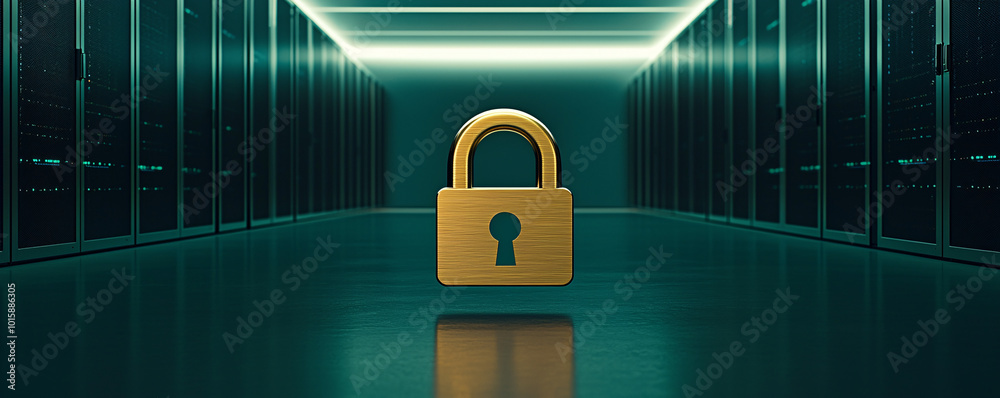 Poster a server room with a floating digital padlock icon in the foreground, representing secure data stora