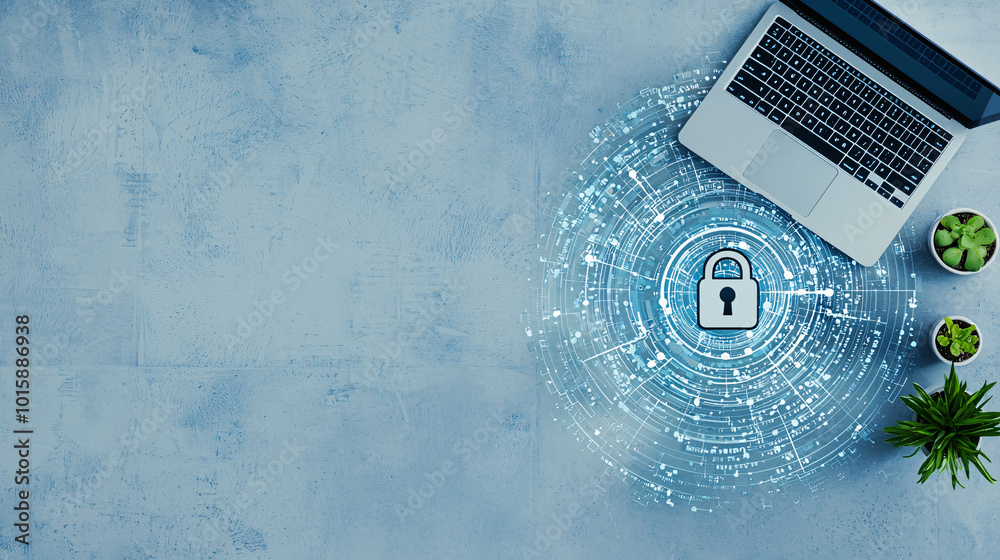 Poster a business desk with a laptop displaying a digital padlock symbol, representing secure data transfer