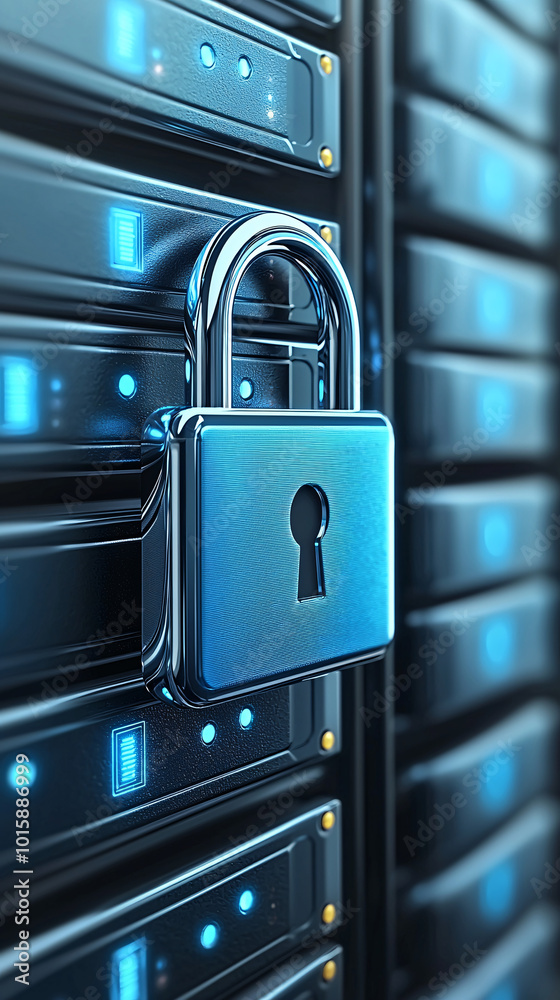 Poster a digital padlock icon floating in front of server computers, symbolizing secure cloud storage and d