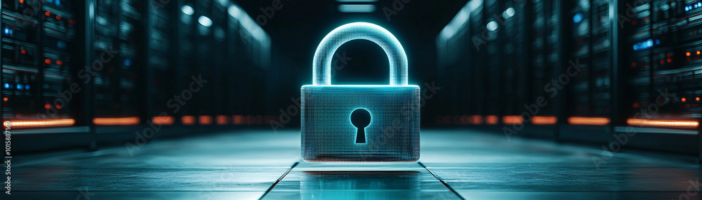 Poster a futuristic cyber security concept showing a digital padlock floating in front of a server room, re