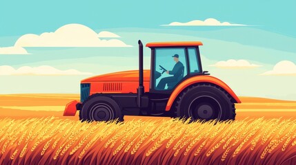 Obraz premium Young farmer riding a tractor in a golden field of wheat