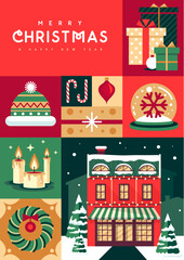 Merry Christmas and Happy New Year greeting card, cover or poster with holiday attributes. Christmas background. Flat design. Vector illustration