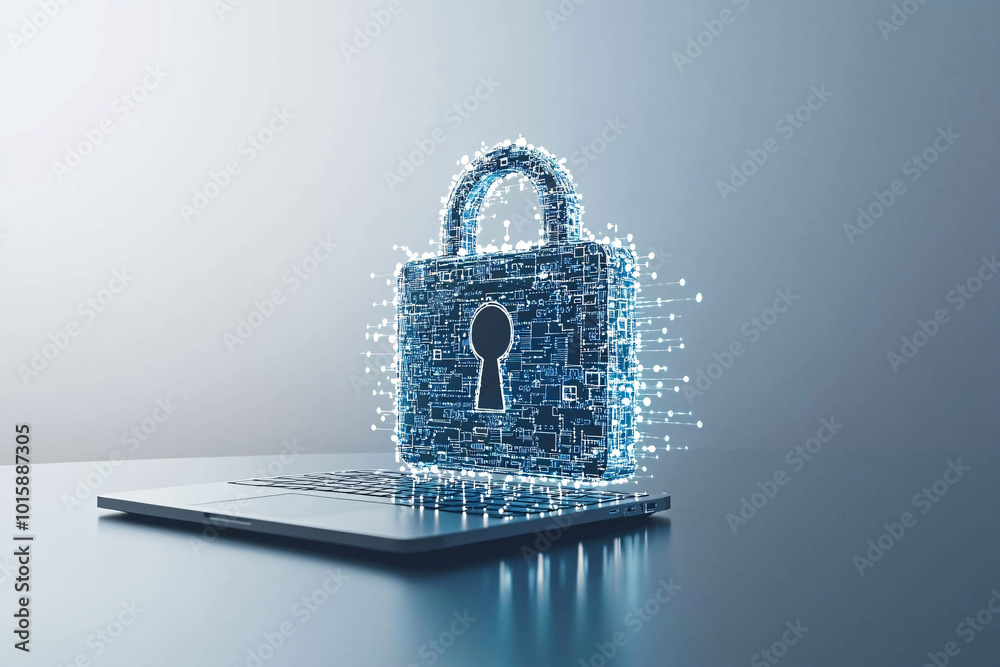 Poster a laptop displaying a digital padlock surrounded by coding symbols, symbolizing secure computing and