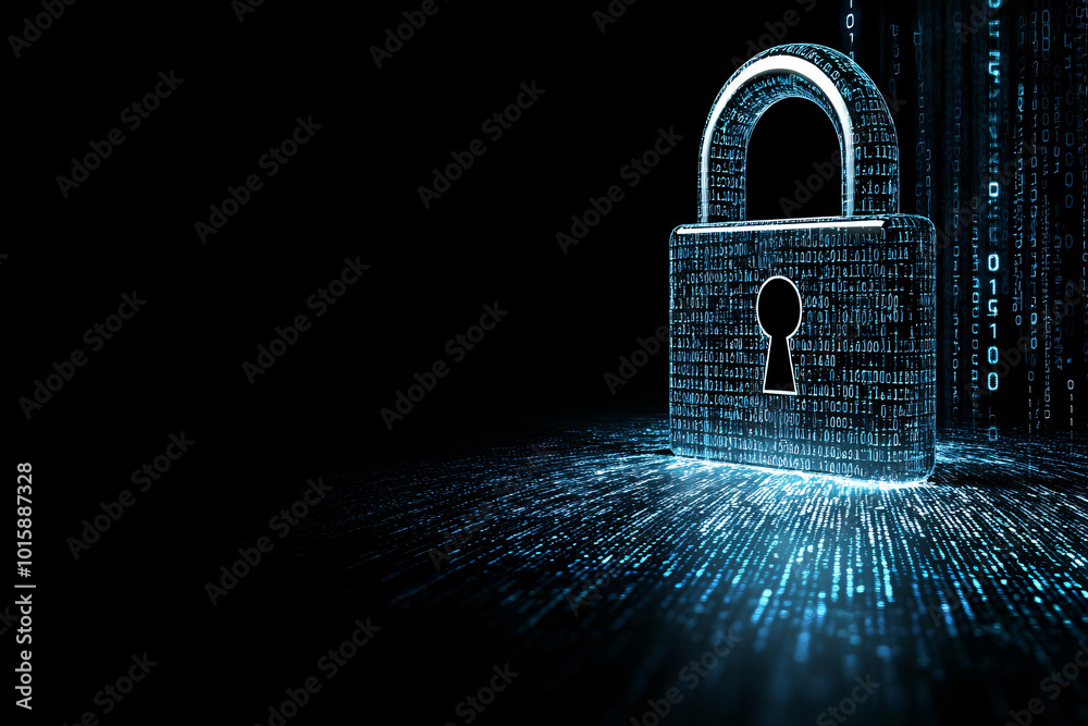 Poster a laptop displaying a digital padlock surrounded by coding symbols, symbolizing secure computing and