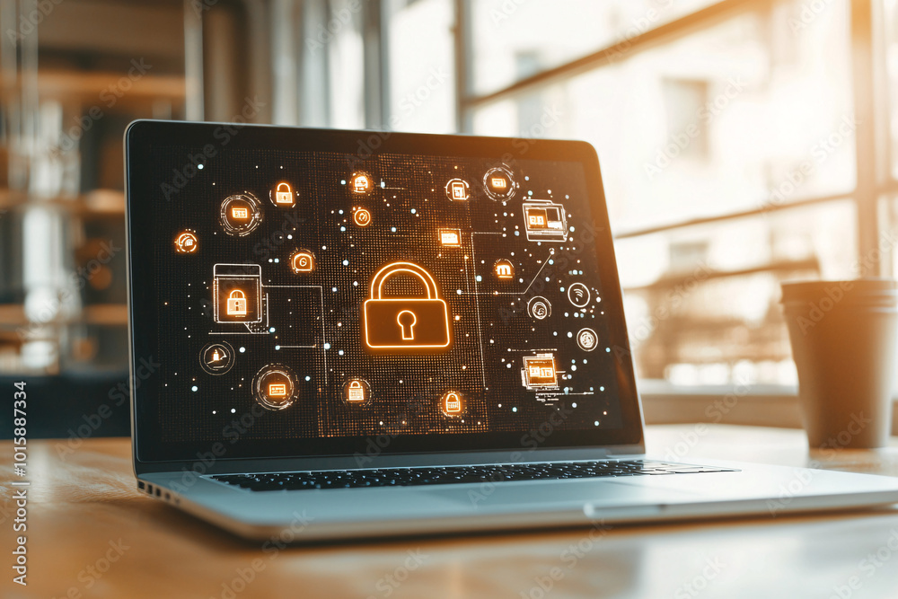 Poster a laptop displaying a digital padlock surrounded by coding symbols, symbolizing secure computing and