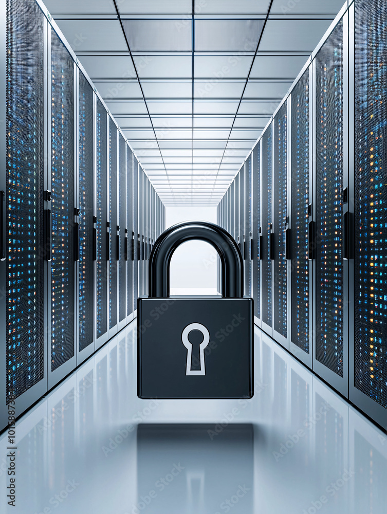 Poster a modern server room with a floating digital padlock icon in the foreground, highlighting data secur