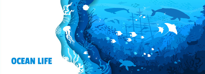 Paper cut underwater landscape with sunken ship and sea animal silhouettes, vector background. Sea or ocean undersea life with papercut whale, dolphin and turtle or stingray on sunken boat silhouette