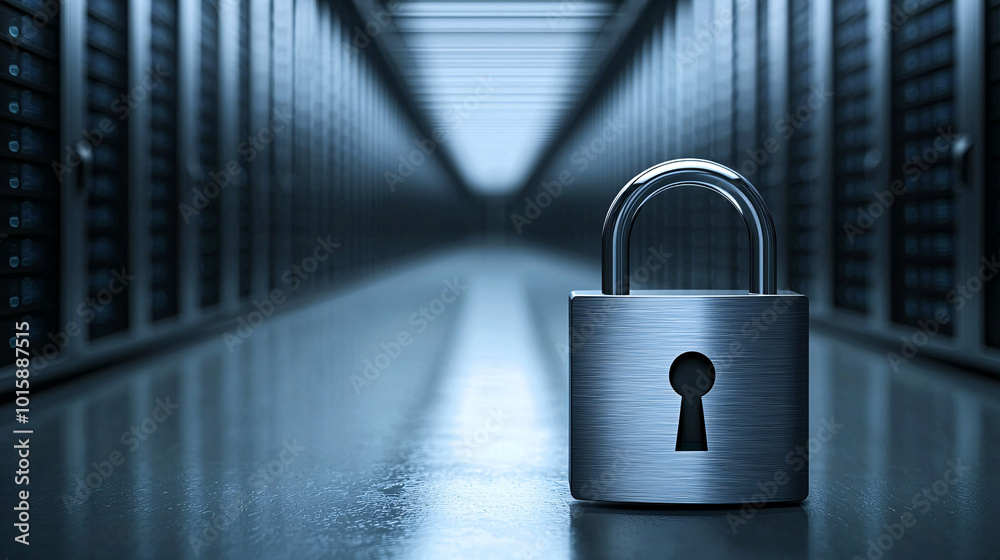 Poster a digital padlock icon floating in front of server computers, representing secure data storage and n