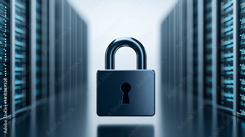 Poster a digital padlock icon floating in front of server computers, representing secure data storage and n