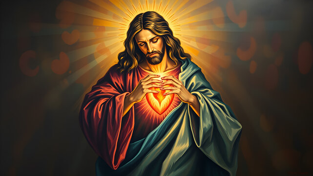 Oil painting artistic image of sacred heart of Jesus christ. Generative AI