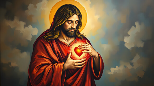 Oil painting artistic image of sacred heart of Jesus christ. Generative AI