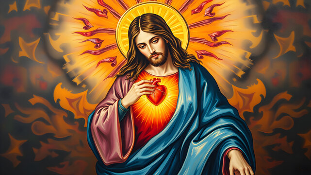 Oil painting artistic image of sacred heart of Jesus christ. Generative AI