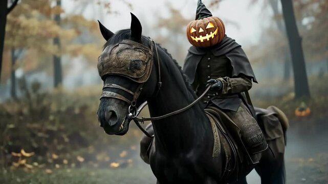 Dark horseman: an ominous rider on a black steed, gripping a fiery pumpkin as he charges through a Halloween landscape, embodying the chilling atmosphere of the holiday with dark, supernatural flair