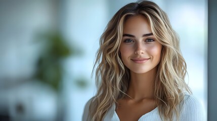Obraz premium Young woman with blonde hair smiles warmly at the camera.