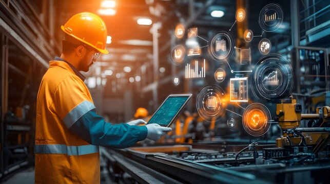Industrial Worker Using Tablet with Data Analytics Interface