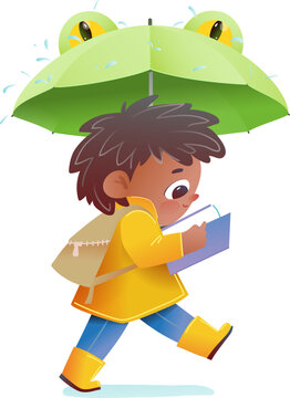 recommend clip art: Girl carrying umbrella walking and reading a book under the rain, wearing yellow rain jacket and boots. Children illustration and character design. Kids vector cartoon, isolated clip art.