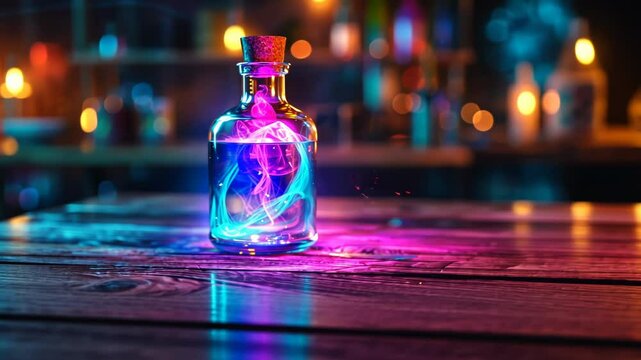 Burning magic potion in crystal bottle. 