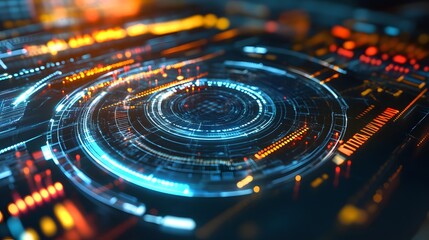 Abstract Digital Interface with Glowing Blue and Orange Circles