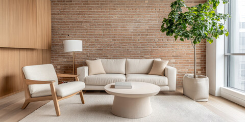 Modern minimalist living room with natural lighting and brick wall in a cozy apartment