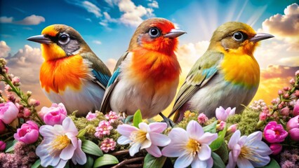 Obraz premium Vibrant Bird Paintings with Flowers - Cheerful Art for Nature Lovers
