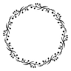 Hand drawn christmas wreath. Monochrome winter frame. Round christmas border.