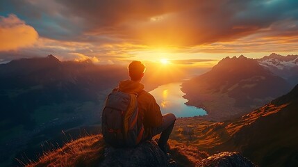 Obraz premium A hiker enjoys the view of a scenic sunrise over mountains and a lake.