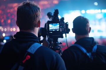 Cameramen capturing sports event with professional equipment