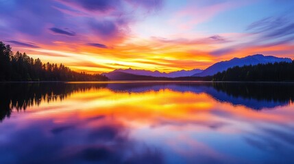 Fototapeta premium Sunset wallpaper showing beautiful, colorful sunset over a lake with mountains in the background