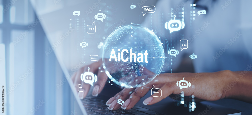 Poster hands typing on a laptop with a digital globe displaying ai chat and chat bot icons floating around.